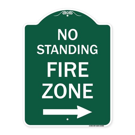 SIGNMISSION No Standing Fire Zone W/ Right Arrow, Green & White Aluminum Sign, 18" x 24", GW-1824-23585 A-DES-GW-1824-23585